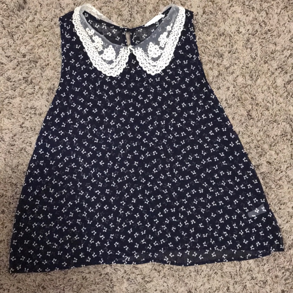 Blue bow lace collared blouse